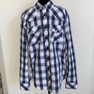 Venzulia- Men’s Blue, Gray & White Pearl Snap Flannel Shirt